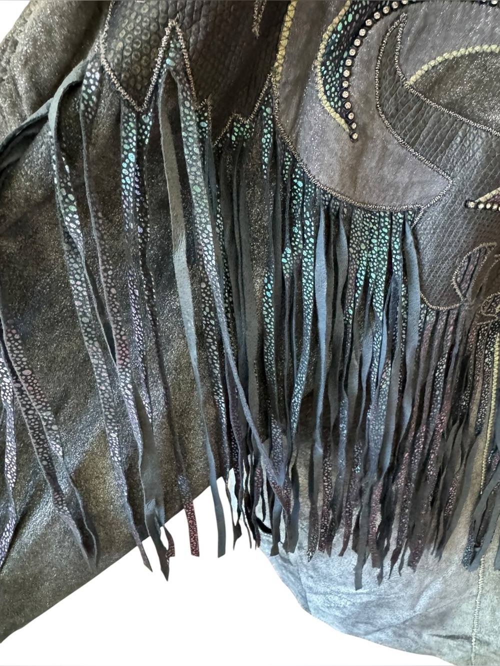 Vintage 80s Roberto Cavalli Fringed Metallic Blue Gray Suede Western Jacket XS - Picture 8 of 16